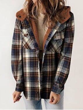ViVI Plaid Teddy-Lined Hooded Shacket - Brown, Navy & Cream